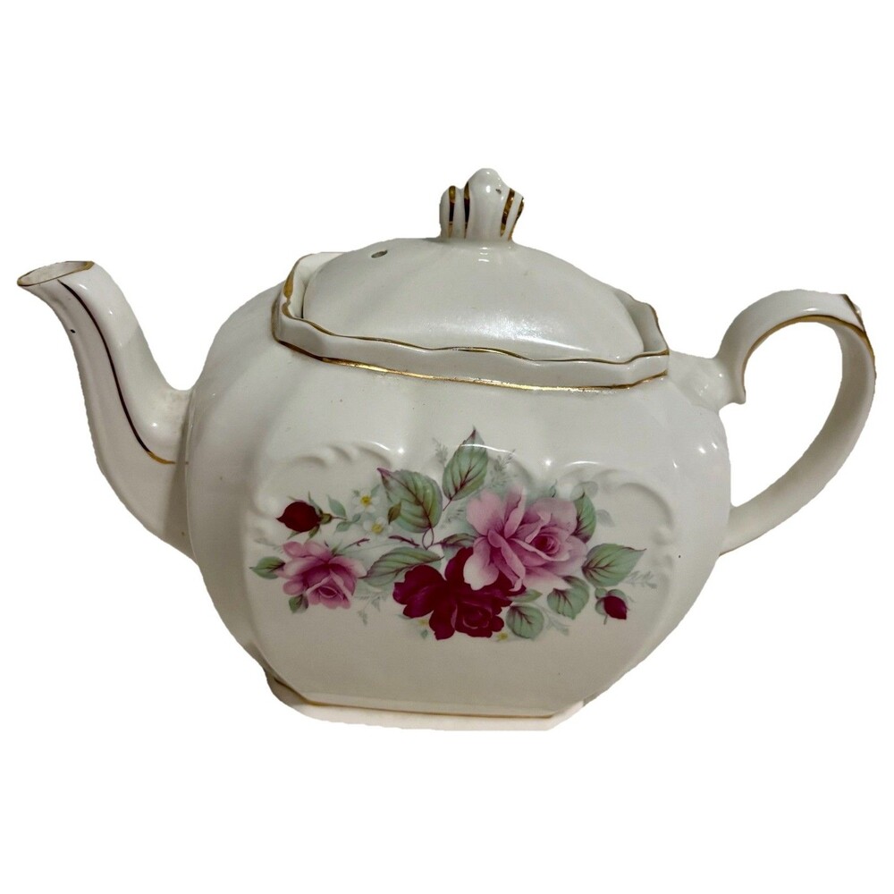 Vintage Sadler England Large Cube Teapot Pink Roses Gold Gilt Floral 9”